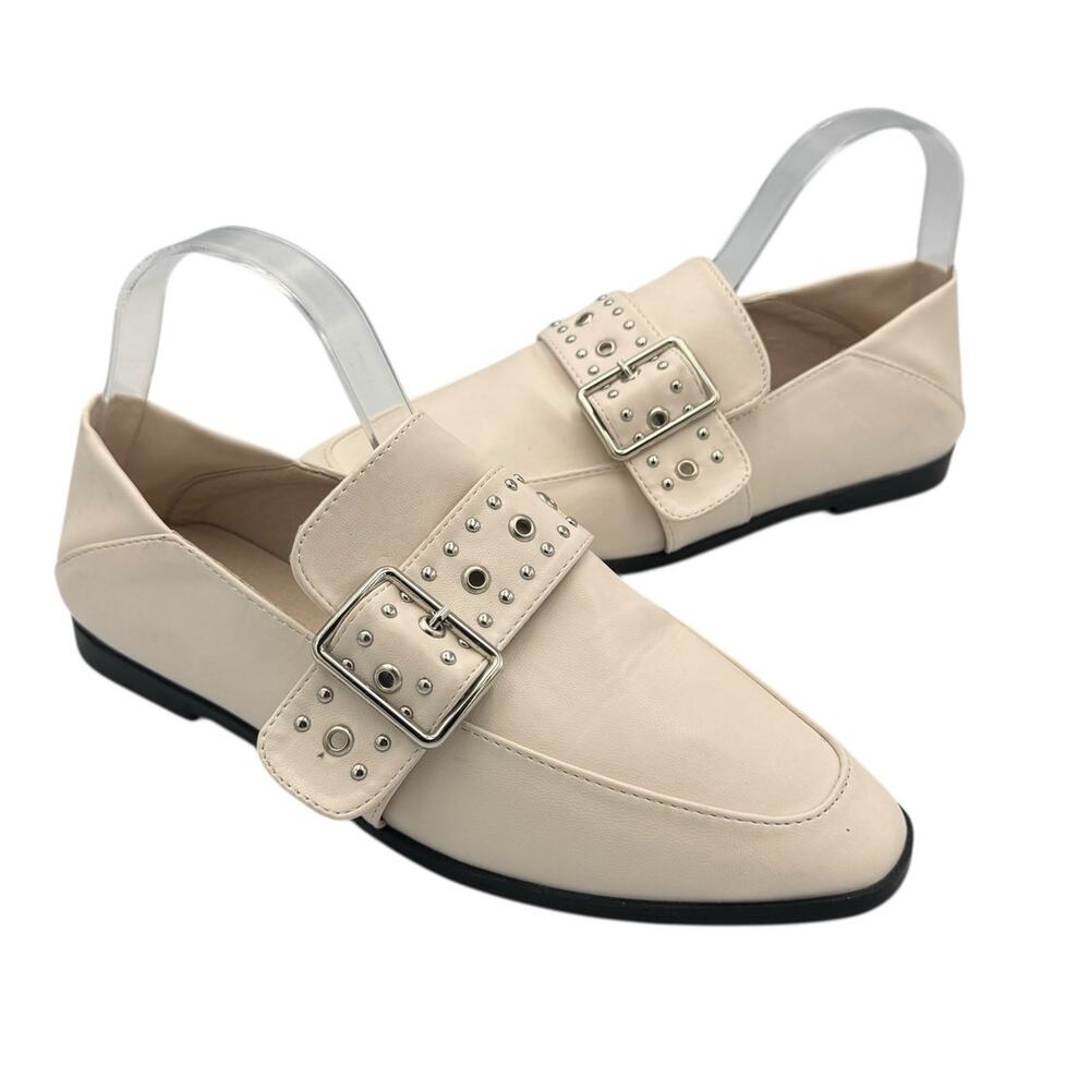 Vintage Havana Maureen Cream Leather Studded Buckle Slip On Loafers Flats